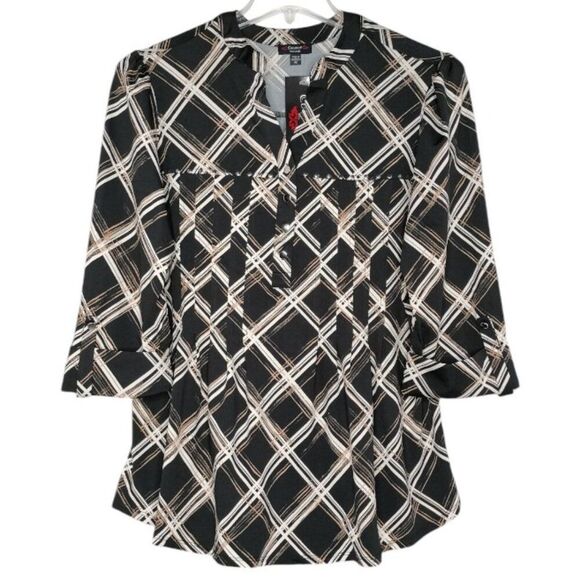 Cocomo Women's Plus Size 3X Black Tan Plaid Print Studded Pintuck 3/4 Sleeve Top - Picture 1 of 7